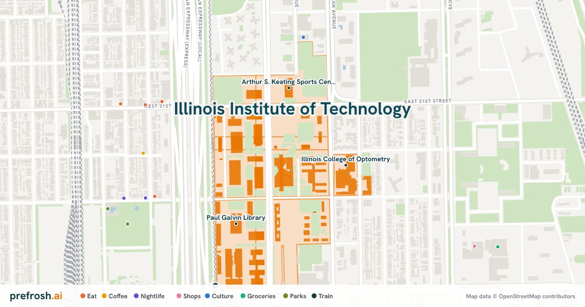 Campus map of Illinois Institute of Technology in Chicago, IL, showing Illinois College of Optometry, Arthur S. Keating Sports Center and Paul Galvin Library, with nearby restaurants, coffee and shops