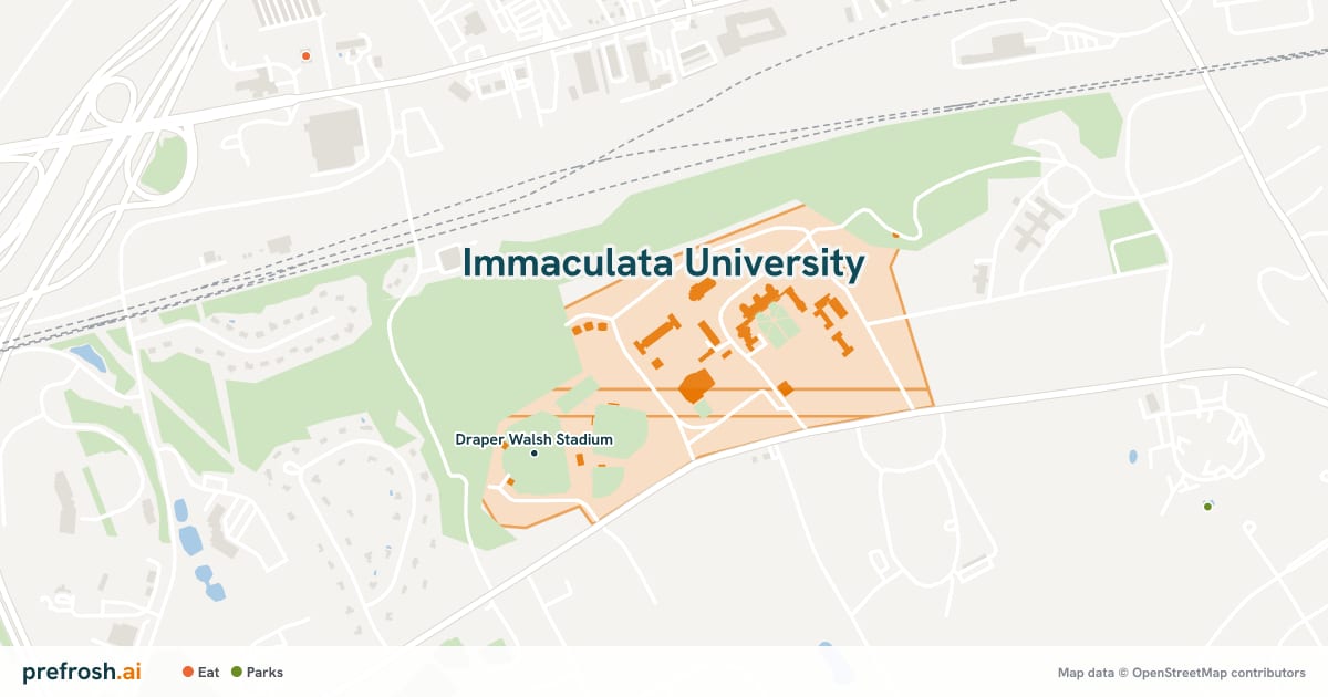 Campus map of Immaculata University in Immaculata, PA, showing Gabriele Library, with nearby restaurants, coffee and shops