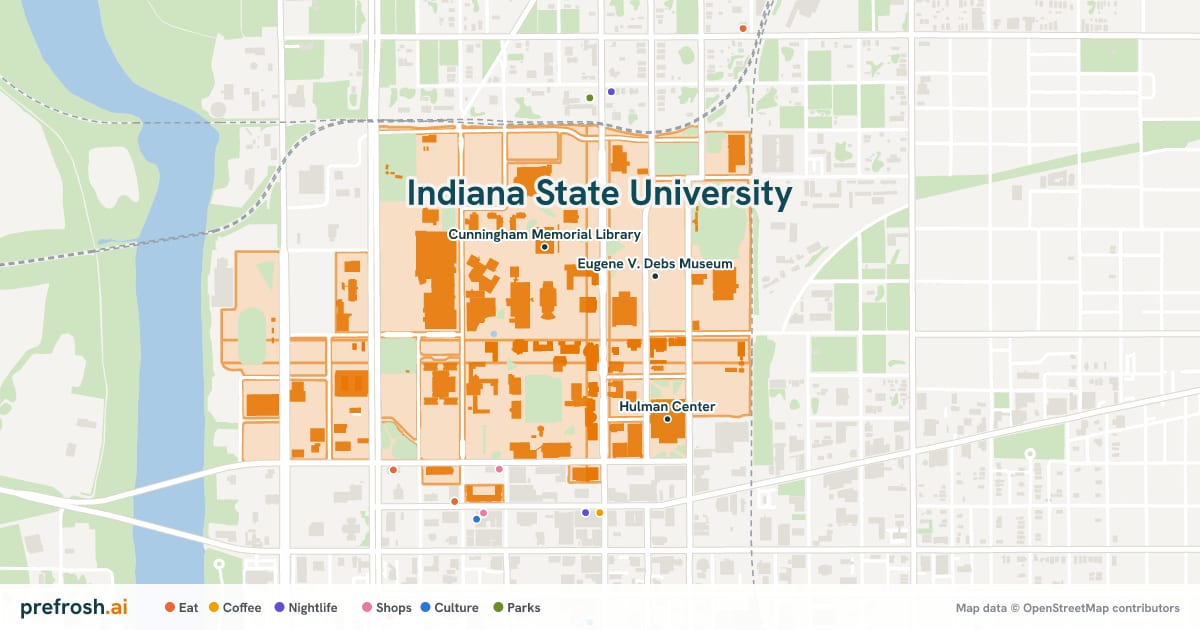 Campus map of Indiana State University in Terre Haute, IN, showing Eugene V. Debs Museum, Cunningham Memorial Library and Hulman Center, with nearby restaurants, coffee and shops