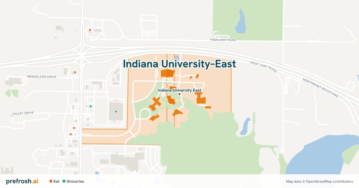 Campus map of Indiana University–East in Richmond, IN, showing Indiana University East, with nearby restaurants, coffee and shops