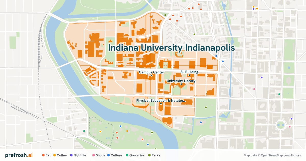 Campus map of Indiana University Indianapolis in Indianapolis, IN, showing University Library, Lecture Hall, SL Building and LD Building, with nearby restaurants, coffee and shops