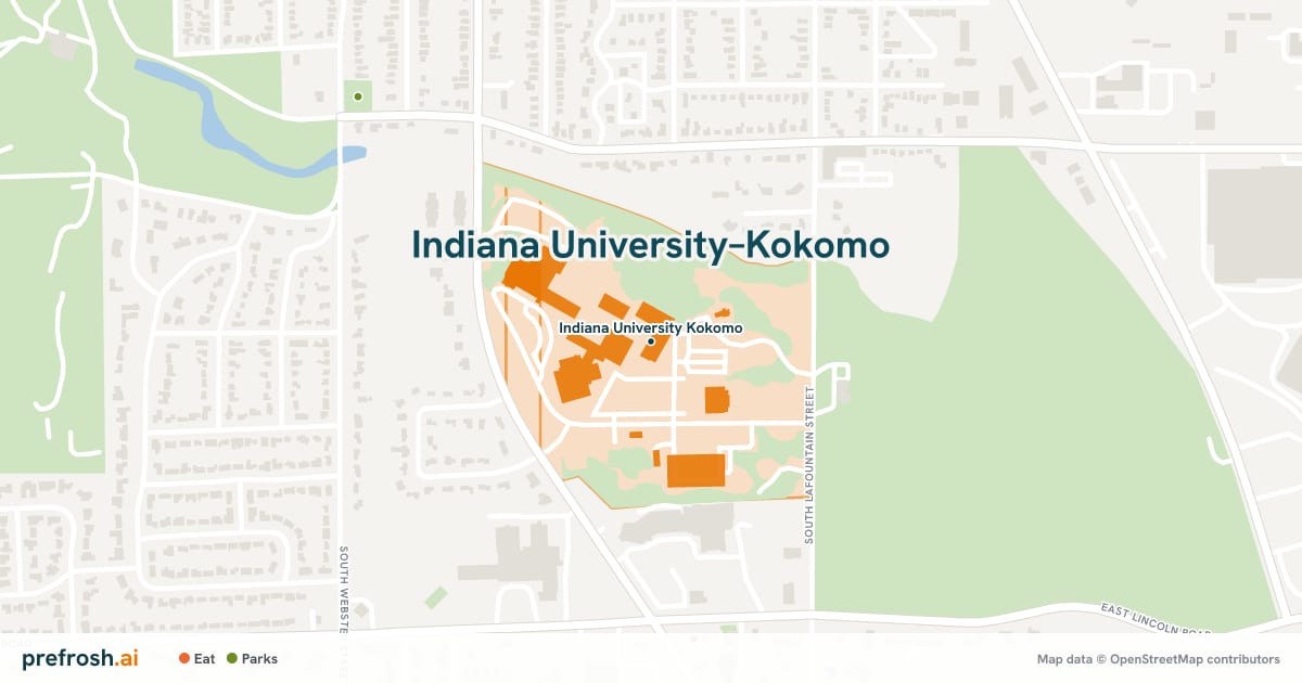 Campus map of Indiana University–Kokomo in Kokomo, IN, showing Indiana University Kokomo, with nearby restaurants, coffee and shops