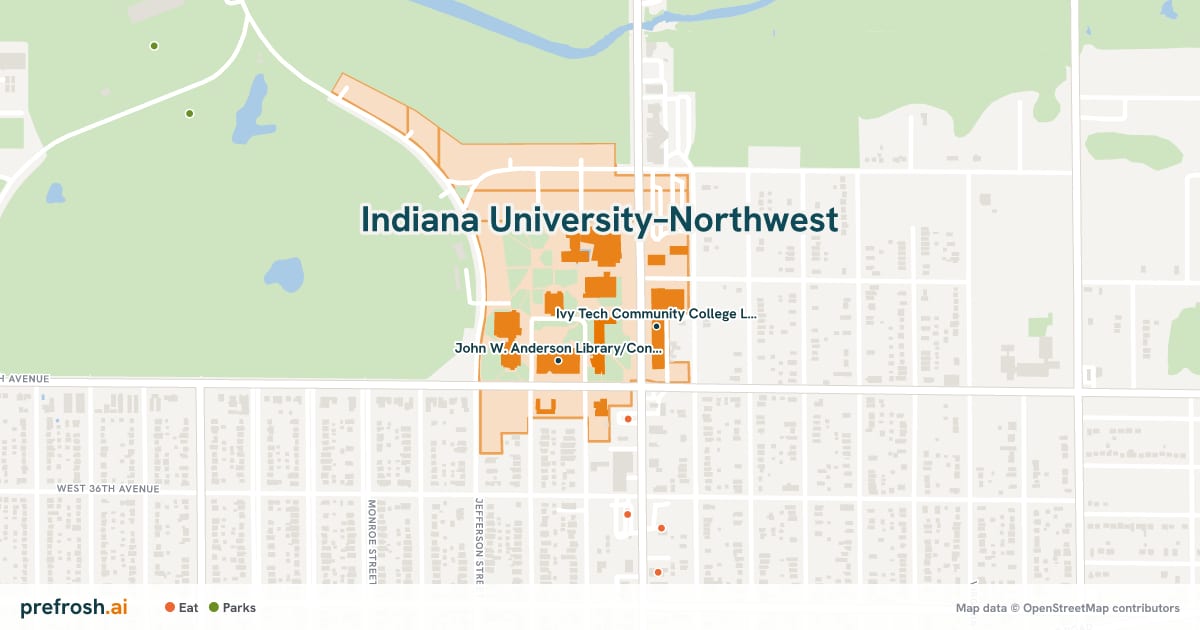Campus map of Indiana University–Northwest in Gary, IN, showing Ivy Tech Community College Lake County Campus - Gary and Indiana University Northwest, with nearby restaurants, coffee and shops