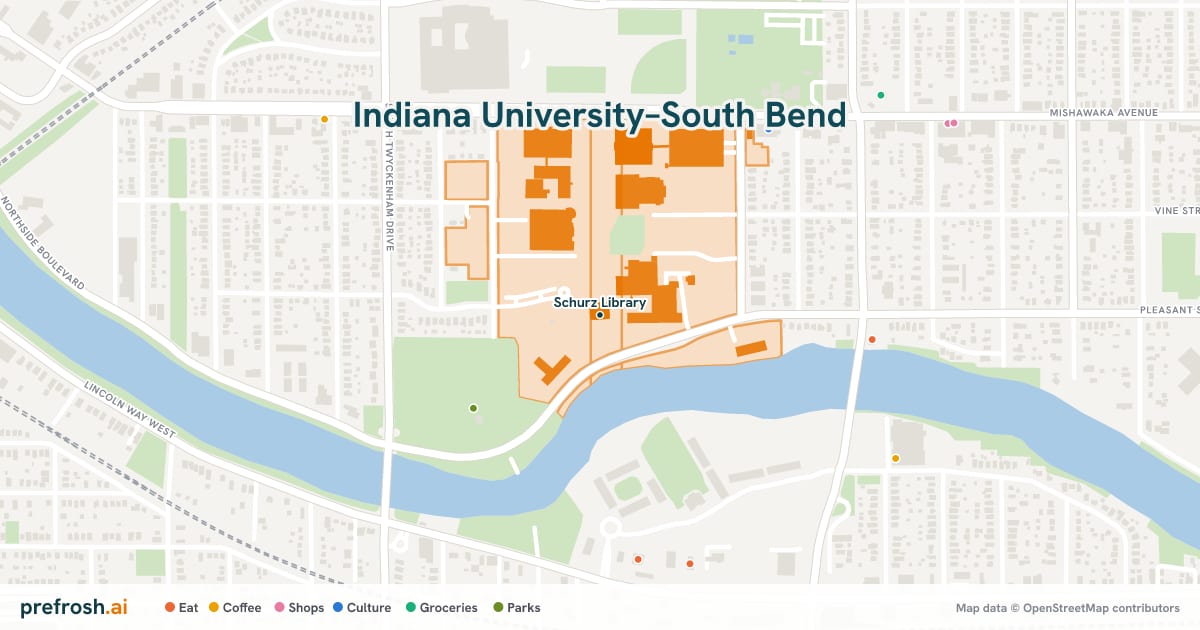 Campus map of Indiana University–South Bend in South Bend, IN, showing Schurz Library, with nearby restaurants, coffee and shops