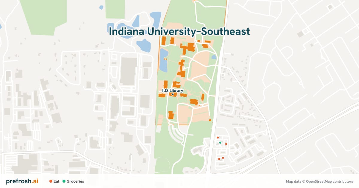 Campus map of Indiana University–Southeast in New Albany, IN, showing IUS Library, with nearby restaurants, coffee and shops
