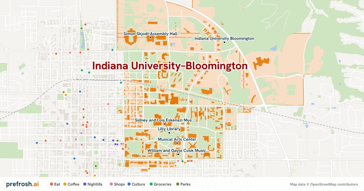 Campus map of Indiana University–Bloomington in Bloomington, IN, showing Sidney and Lois Eskenazi Museum of Art, Lee Norvelle Theatre and Drama Center, Lilly Library and William H. Mathers Museum of World Cultures, with nearby restaurants, coffee and shops
