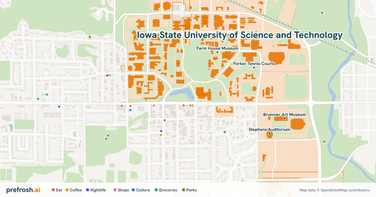 Campus map of Iowa State University of Science and Technology in Ames, IA, showing Brunnier Art Museum, Forker Tennis Courts, Stephens Auditorium and Lied Recreation Center, with nearby restaurants, coffee and shops