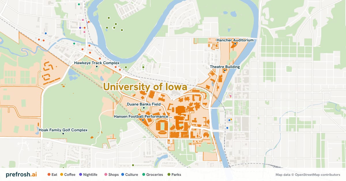 Campus map of University of Iowa in Iowa City, IA, showing Carver-Hawkeye Arena, Duane Banks Field, Iowa Football Practice Field and Hansen Football Performance Center, with nearby restaurants, coffee and shops