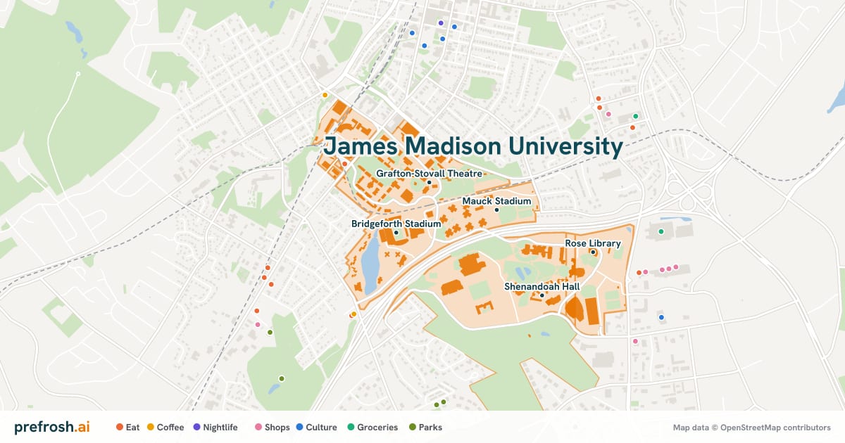Campus map of James Madison University in Harrisonburg, VA, showing Mauck Stadium, Grafton-Stovall Theatre, Bridgeforth Stadium and Carrier Library, with nearby restaurants, coffee and shops