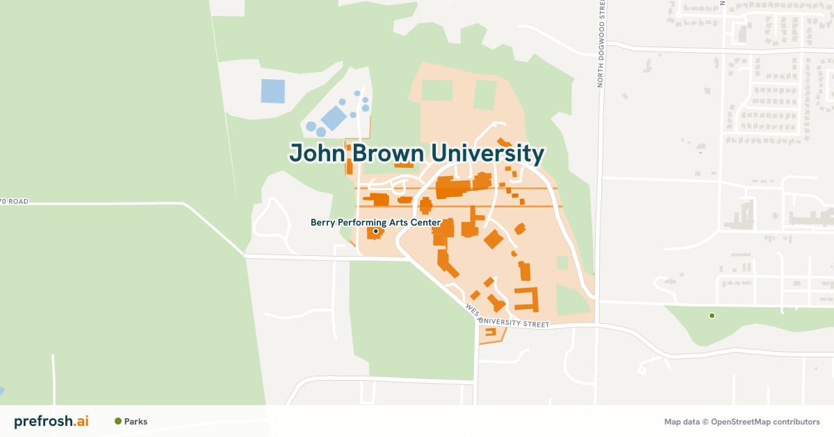 Campus map of John Brown University in Siloam Springs, AR, showing Berry Performing Arts Center, with nearby restaurants, coffee and shops