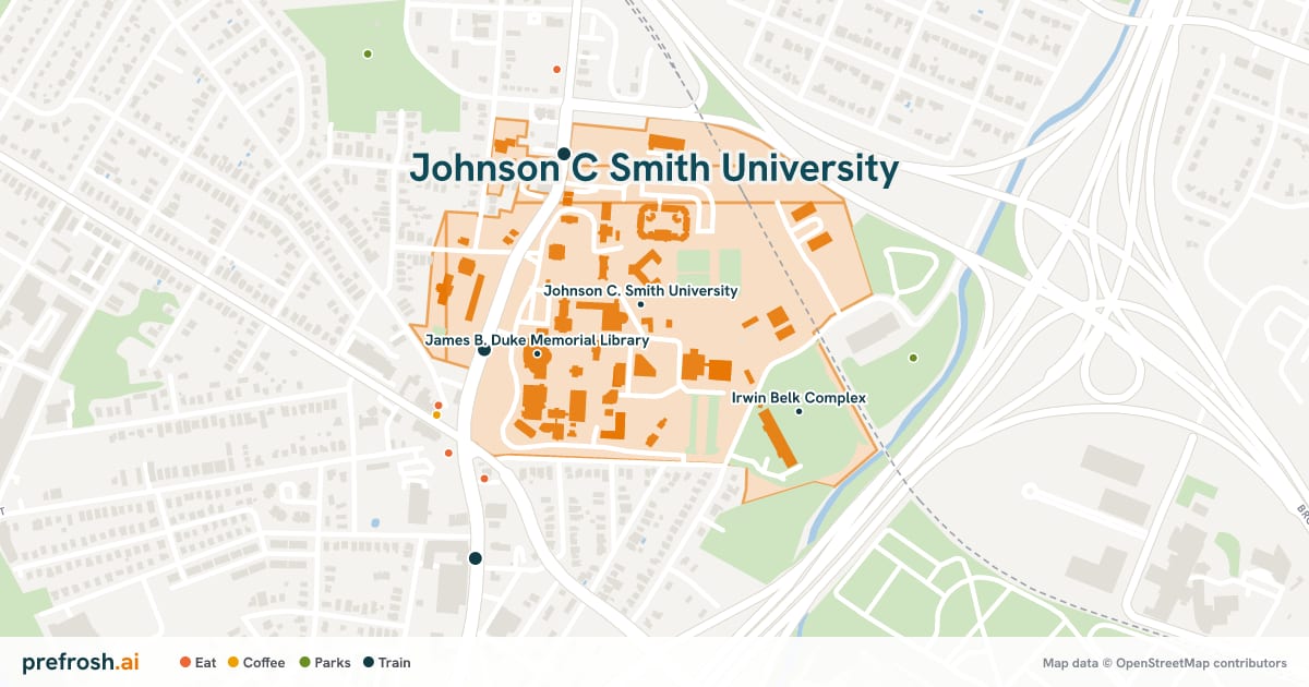 Campus map of Johnson C Smith University in Charlotte, NC, showing Johnson C. Smith University, James B. Duke Memorial Library and Irwin Belk Complex, with nearby restaurants, coffee and shops