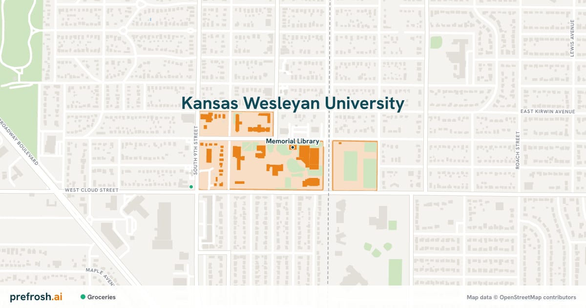 Campus map of Kansas Wesleyan University in Salina, KS, showing Memorial Library, with nearby restaurants, coffee and shops
