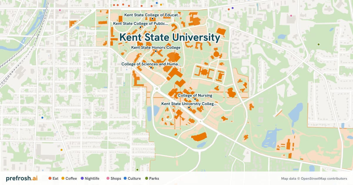 Campus map of Kent State University in Kent, OH, showing Kent State Universtiy College of Applied Engineering, Sustainability, and Technology, College of Nursing, College of Sciences and Humanities and University College, with nearby restaurants, coffee and shops
