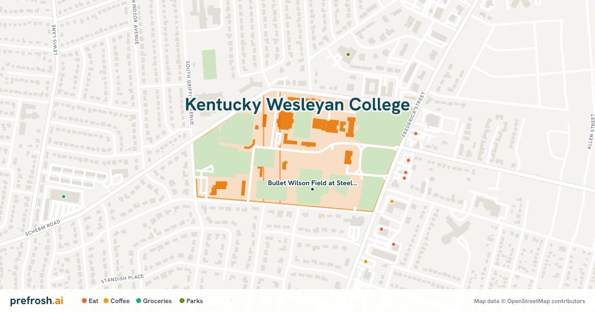 Campus map of Kentucky Wesleyan College in Owensboro, KY, showing Bullet Wilson Field at Steele Stadium, with nearby restaurants, coffee and shops