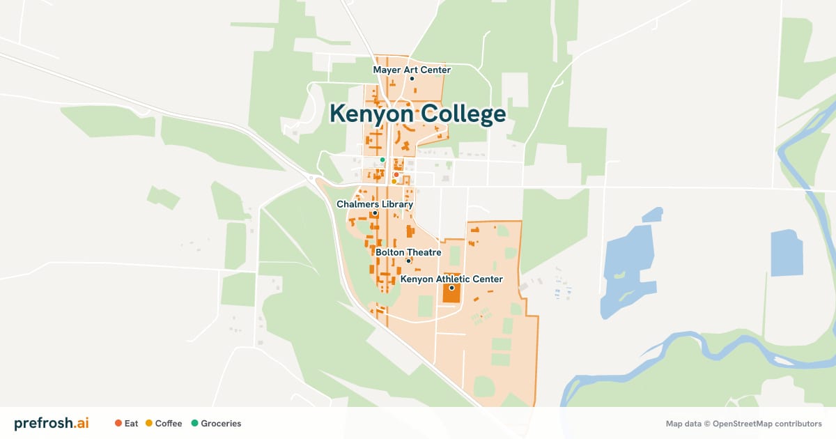 Campus map of Kenyon College in Gambier, OH, showing Bolton Theatre, Chalmers Library, Chalmers Library (2021) and Gambier Community Center, with nearby restaurants, coffee and shops