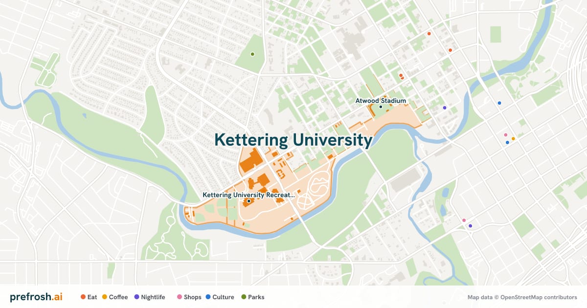 Campus map of Kettering University in Flint, MI, showing Kettering University Recreation Center and Atwood Stadium, with nearby restaurants, coffee and shops