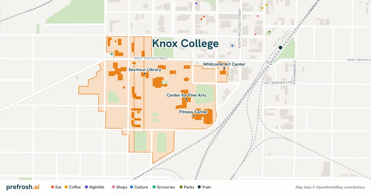 Campus map of Knox College in Galesburg, IL, showing Center for Fine Arts, Fitness Center, Memorial Gym and T. Fleming Fieldhouse, with nearby restaurants, coffee and shops