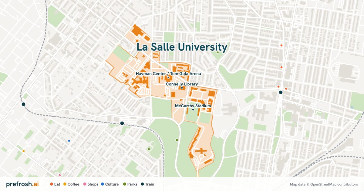 Campus map of La Salle University in Philadelphia, PA, showing Connelly Library, McCarthy Stadium and Hayman Center / Tom Gola Arena, with nearby restaurants, coffee and shops