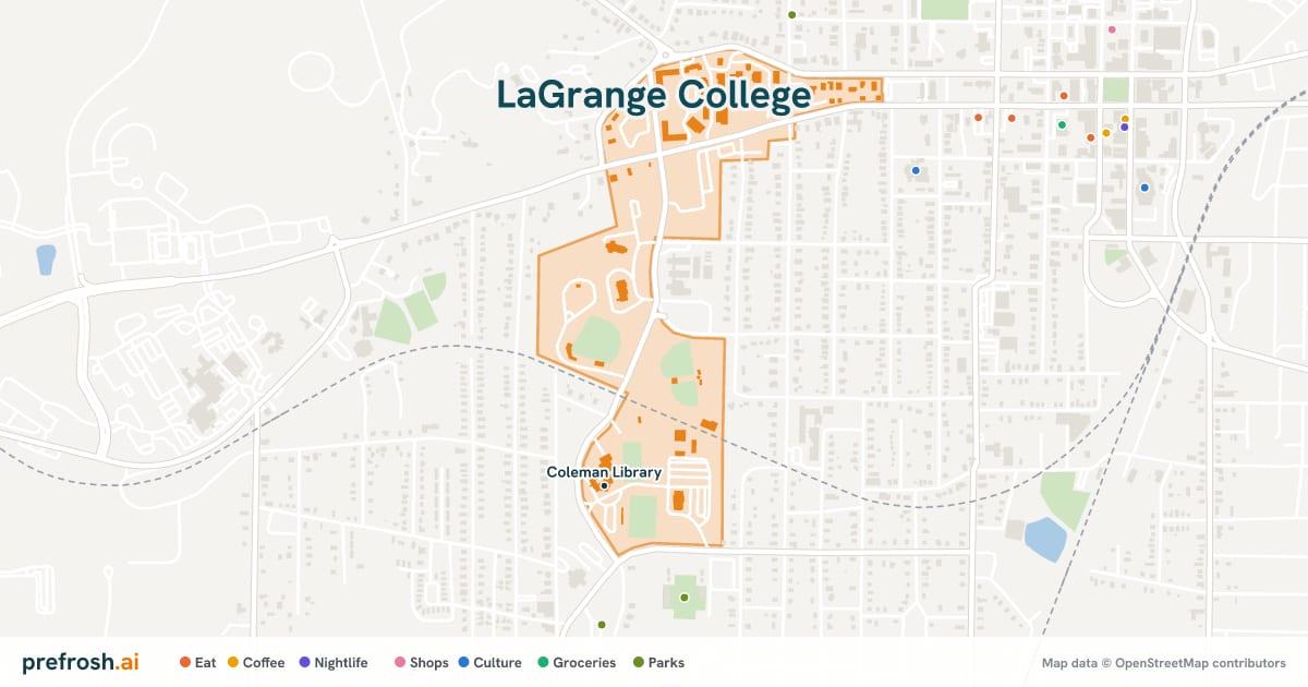 Campus map of LaGrange College in Lagrange, GA, showing Coleman Library, with nearby restaurants, coffee and shops