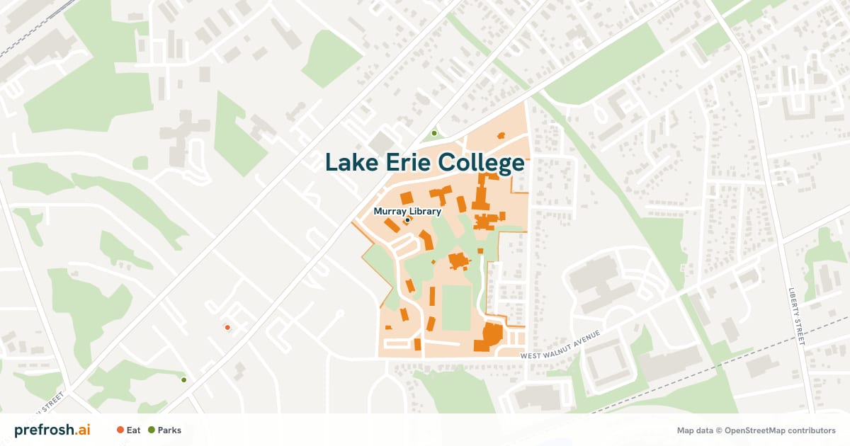 Campus map of Lake Erie College in Painesville, OH, showing Murray Library, with nearby restaurants, coffee and shops