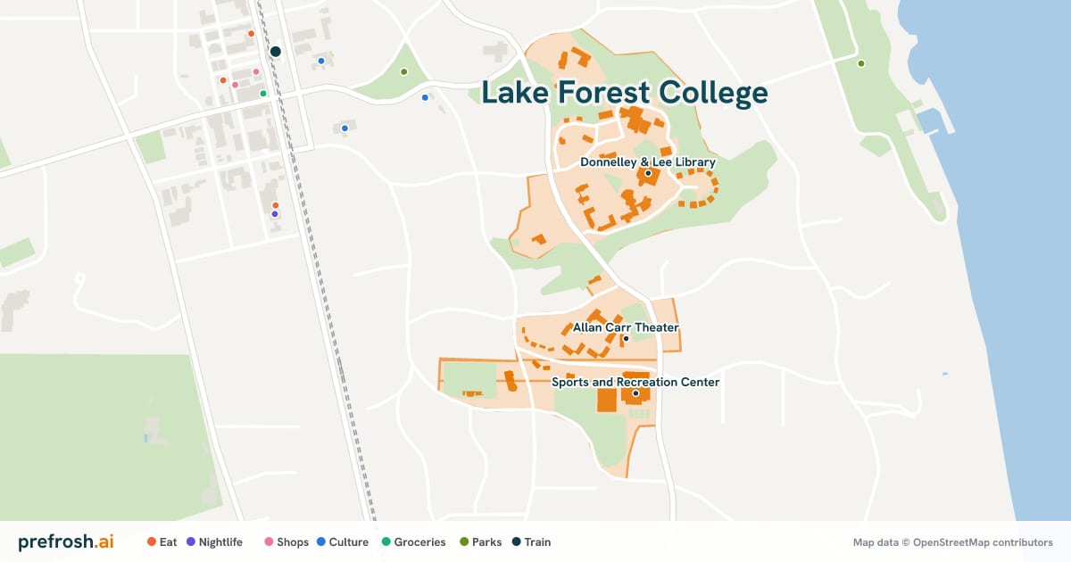 Campus map of Lake Forest College in Lake Forest, IL, showing Allan Carr Theater, Donnelley & Lee Library and Sports and Recreation Center, with nearby restaurants, coffee and shops