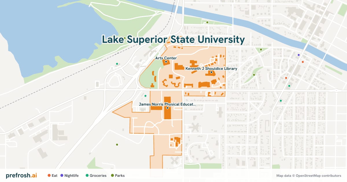 Campus map of Lake Superior State University in Sault Ste Marie, MI, showing James Norris Physical Education Center, Robert Arbuckle Student Activity Center and Arts Center, with nearby restaurants, coffee and shops