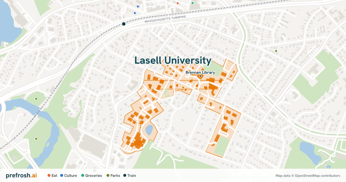 Campus map of Lasell University in Newton, MA, showing Brennan Library, with nearby restaurants, coffee and shops
