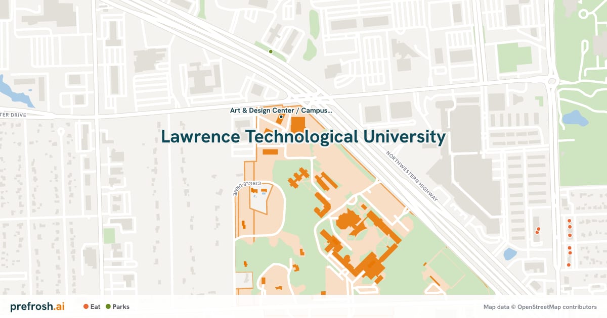 Campus map of Lawrence Technological University in Southfield, MI, showing Don Riddler Field House, with nearby restaurants, coffee and shops