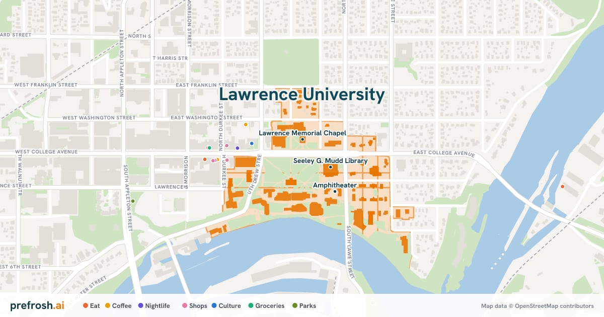 Campus map of Lawrence University in Appleton, WI, showing Lawrence Memorial Chapel, Harper Hall and Cloak Theater, with nearby restaurants, coffee and shops
