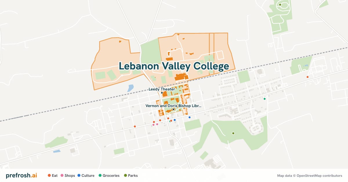 Campus map of Lebanon Valley College in Annville, PA, showing Leedy Theater and Arnold Sports Center, with nearby restaurants, coffee and shops