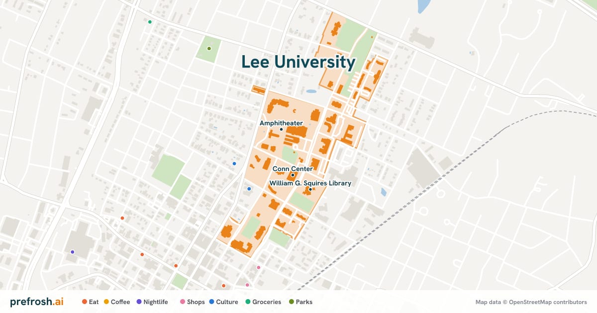 Campus map of Lee University in Cleveland, TN, showing Conn Center, Amphitheater and William G. Squires Library, with nearby restaurants, coffee and shops