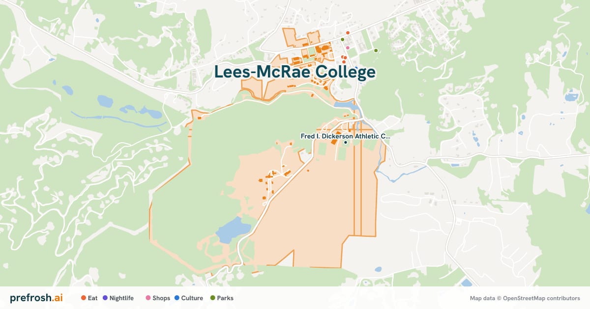 Campus map of Lees-McRae College in Banner Elk, NC, showing Fred I. Dickerson Athletic Complex, with nearby restaurants, coffee and shops