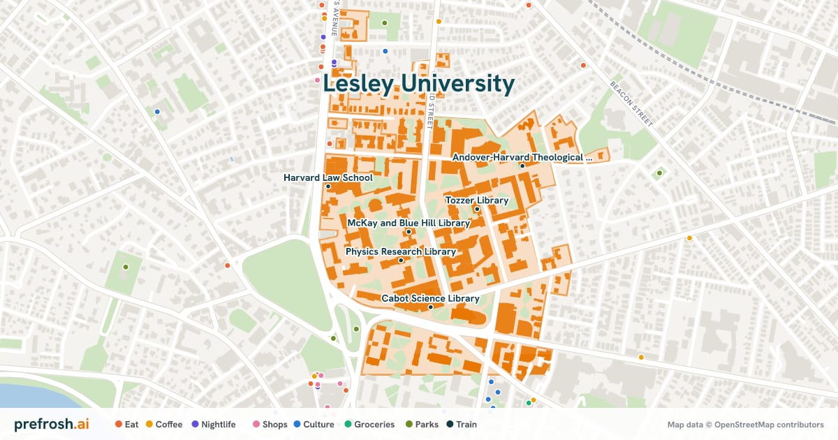 Campus map of Lesley University in Cambridge, MA, showing McKay and Blue Hill Library, Physics Research Library, Eda Kuhn Loeb Music Library and Tozzer Library, with nearby restaurants, coffee and shops