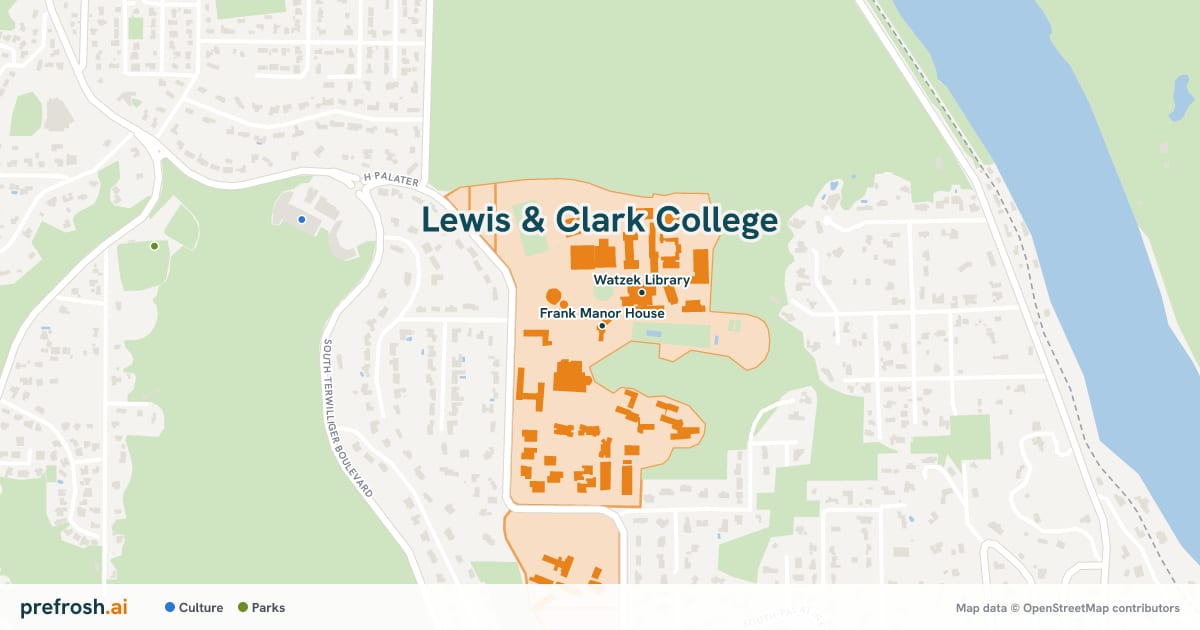Campus map of Lewis & Clark College in Portland, OR, showing Frank Manor House and Watzek Library, with nearby restaurants, coffee and shops