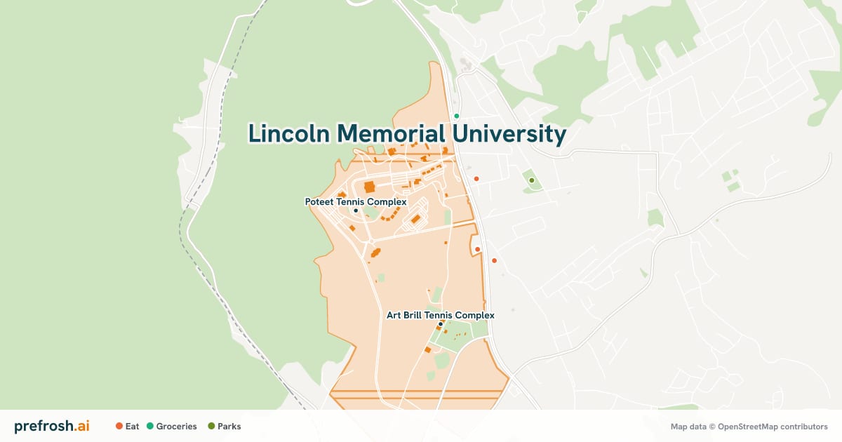 Campus map of Lincoln Memorial University in Harrogate, TN, showing Poteet Tennis Complex and Mary S. Annan Natatorium (Pool), with nearby restaurants, coffee and shops