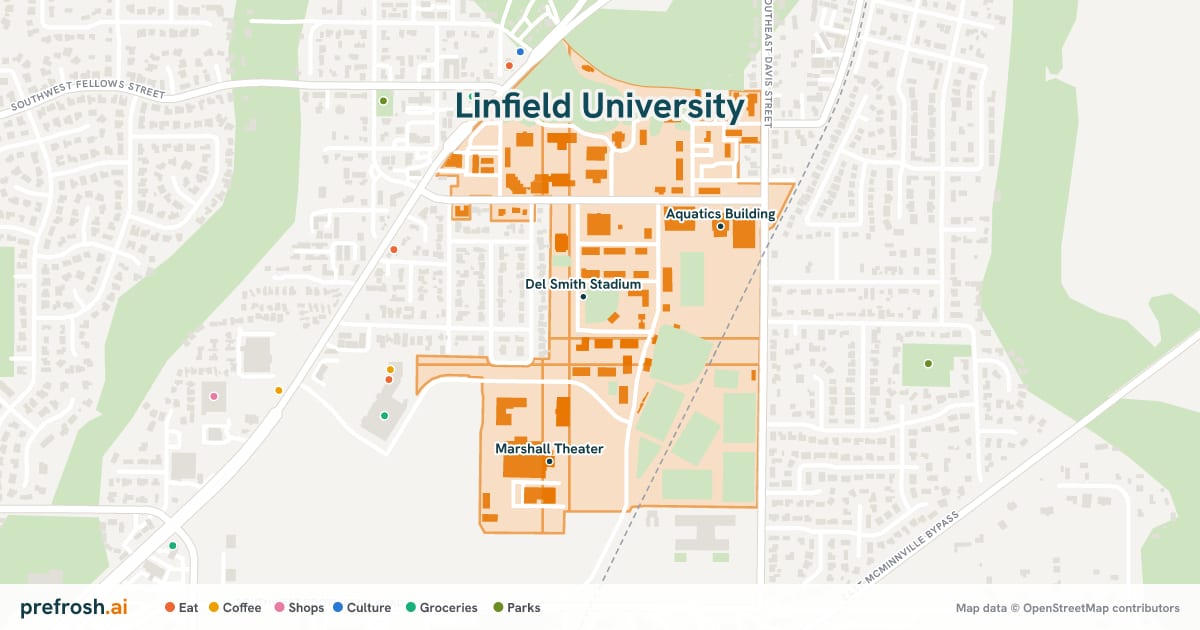 Campus map of Linfield University in McMinnville, OR, showing Del Smith Stadium, Aquatics Building and Marshall Theater, with nearby restaurants, coffee and shops