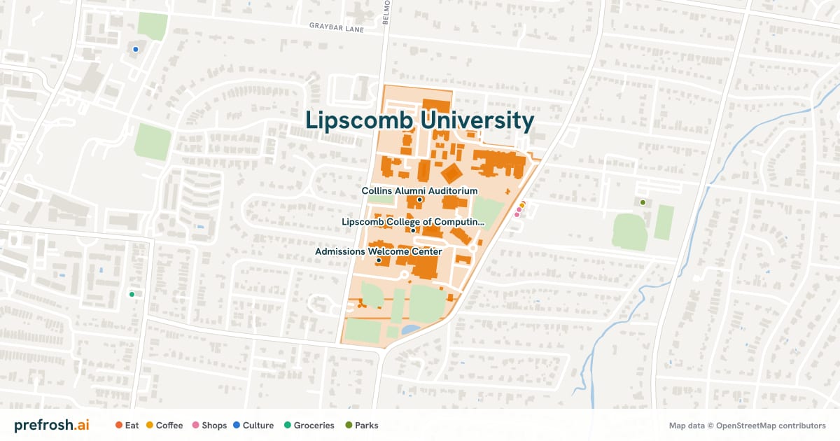 Campus map of Lipscomb University in Nashville, TN, showing Lipscomb College of Computing and Technology, Collins Alumni Auditorium and Flatt Amphitheater, with nearby restaurants, coffee and shops