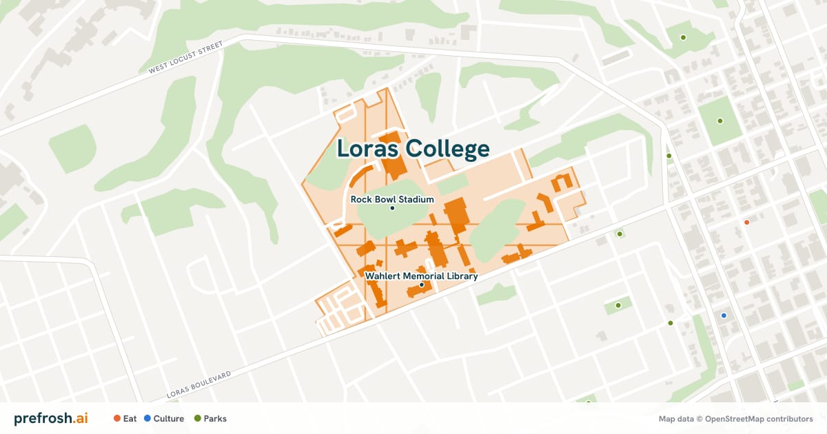 Campus map of Loras College in Dubuque, IA, showing Rock Bowl Stadium and Graber Sports Center, with nearby restaurants, coffee and shops