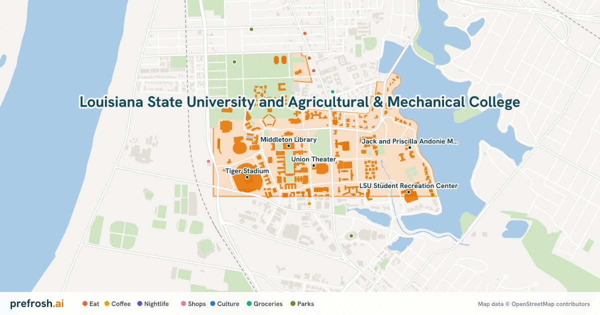 Campus map of Louisiana State University and Agricultural & Mechanical College in Baton Rouge, LA, showing Union Theater, Middleton Library, Hill Memorial Library and African-American Cultural Center, with nearby restaurants, coffee and shops