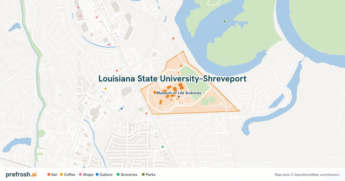 Campus map of Louisiana State University–Shreveport in Shreveport, LA, showing Museum of Life Sciences, with nearby restaurants, coffee and shops