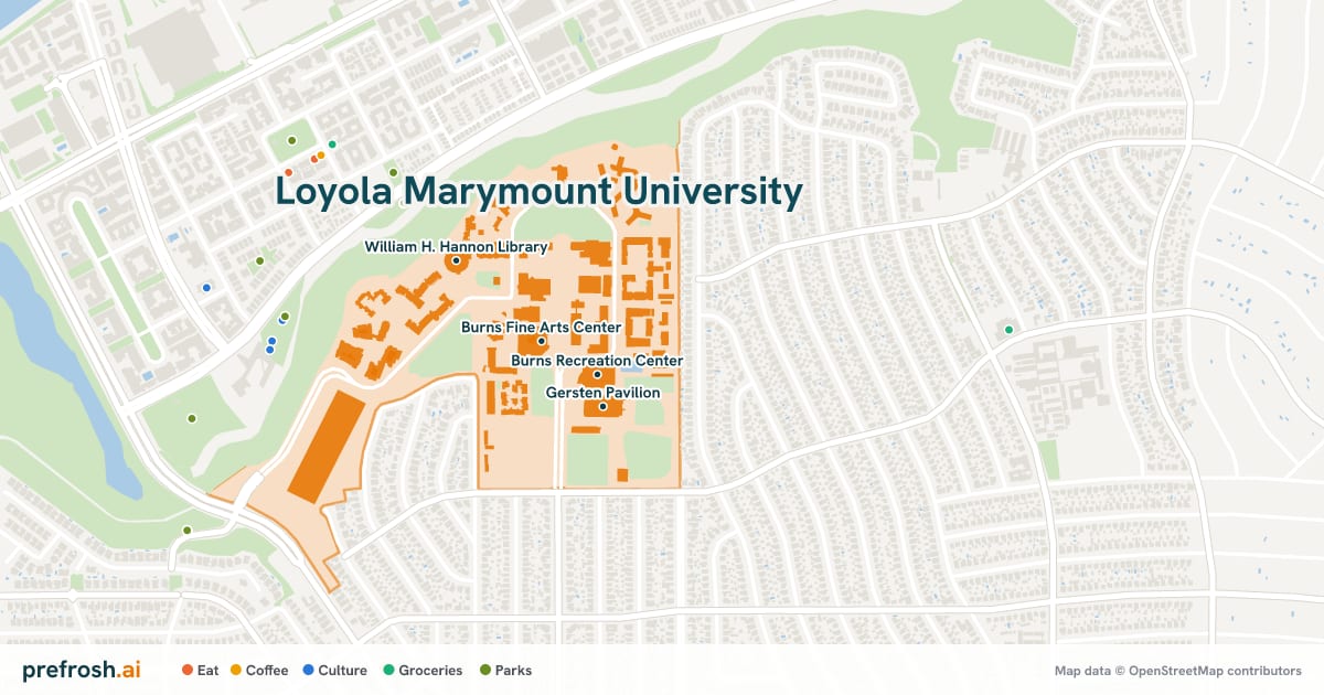 Campus map of Loyola Marymount University in Los Angeles, CA, showing Burns Fine Arts Center, Burns Recreation Center, Gersten Pavilion and William H. Hannon Library, with nearby restaurants, coffee and shops