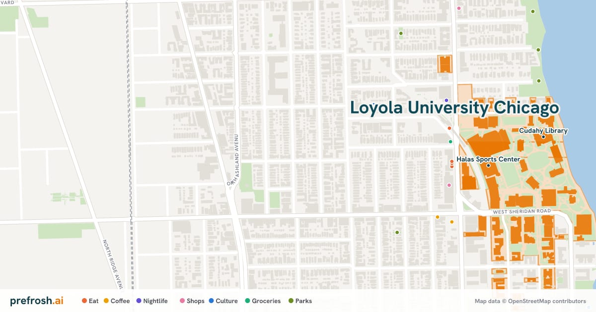 Campus map of Loyola University Chicago in Chicago, IL, showing Cudahy Library and Information Commons, with nearby restaurants, coffee and shops