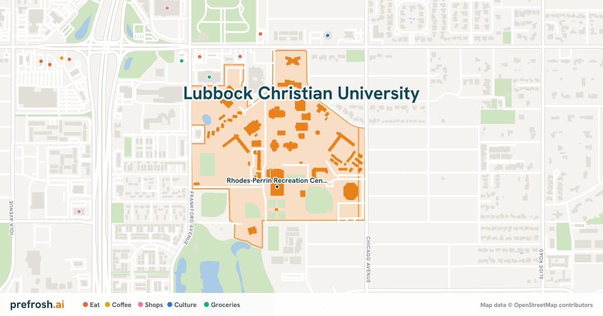 Campus map of Lubbock Christian University in Lubbock, TX, showing Rhodes-Perrin Recreation Center, with nearby restaurants, coffee and shops
