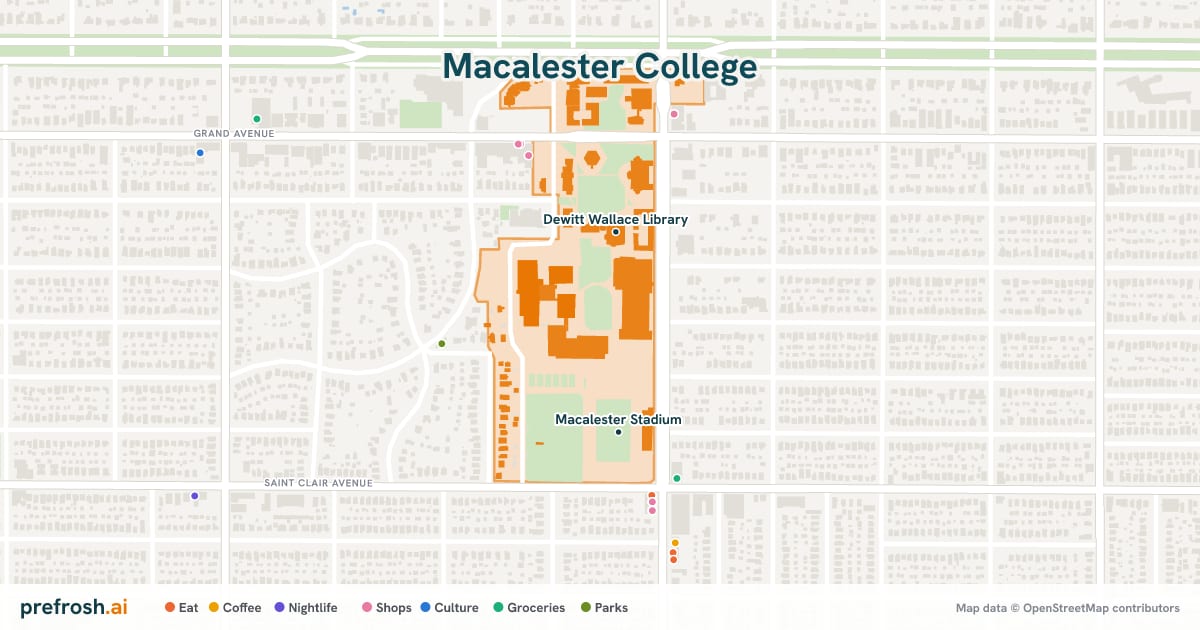 Campus map of Macalester College in Saint Paul, MN, showing Dewitt Wallace Library and Macalester Stadium, with nearby restaurants, coffee and shops