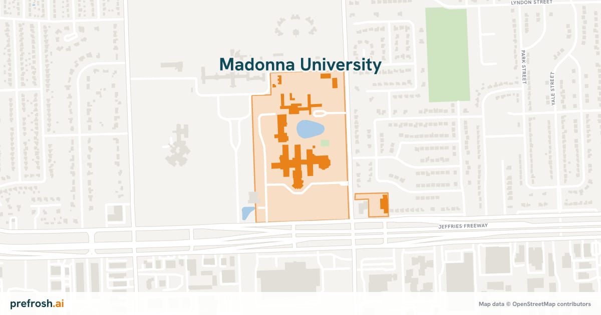 Campus map of Madonna University in Livonia, MI, with nearby restaurants, coffee and shops