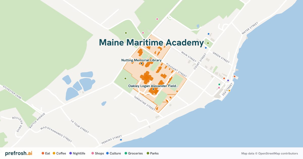 Campus map of Maine Maritime Academy in Castine, ME, showing Oakley Logan Alexander Fieldhouse and Cary W. Bok Pool, with nearby restaurants, coffee and shops
