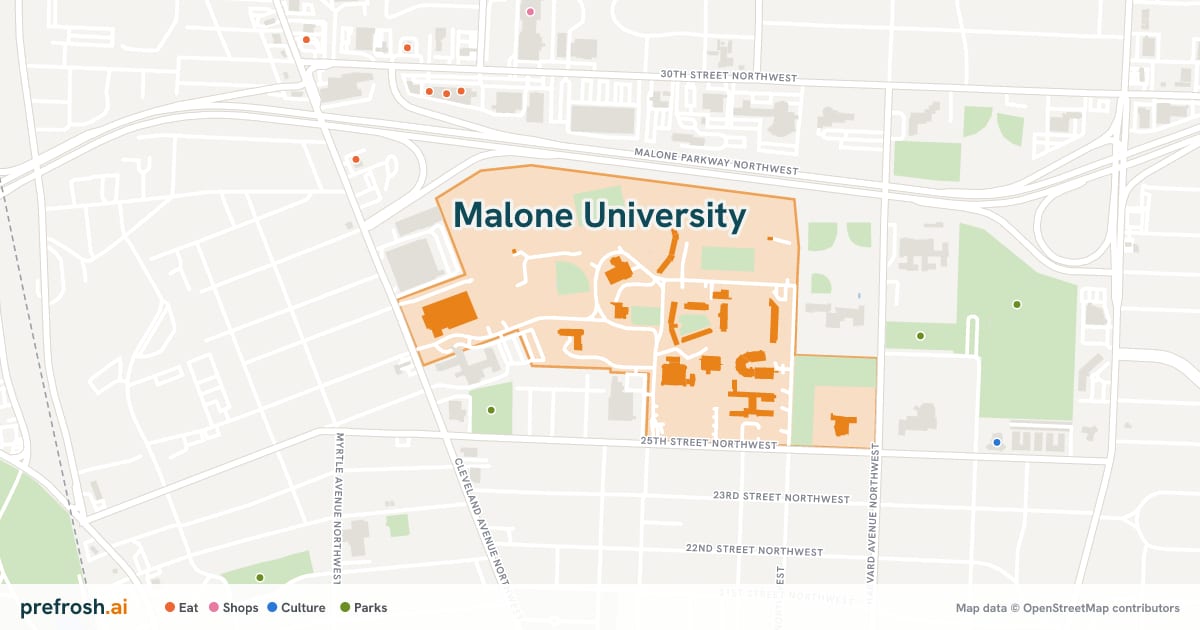 Campus map of Malone University in Canton, OH, with nearby restaurants, coffee and shops