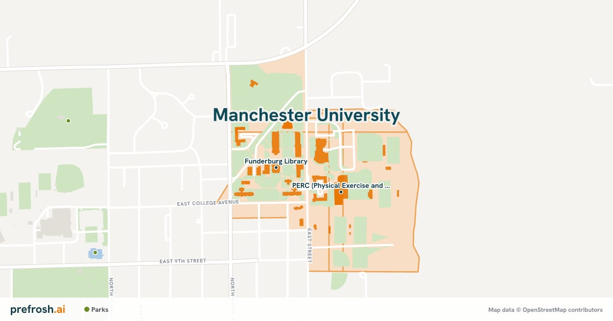 Campus map of Manchester University in North Manchester, IN, showing Funderburg Library and Cordier Auditorium, with nearby restaurants, coffee and shops