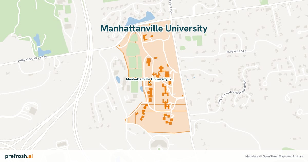 Campus map of Manhattanville University in Purchase, NY, showing Manhattanville University Library, with nearby restaurants, coffee and shops