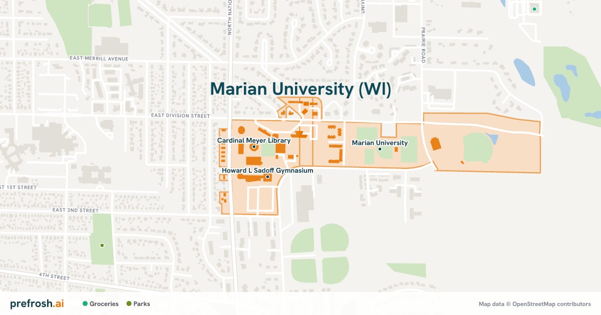 Campus map of Marian University (WI) in Fond Du Lac, WI, showing Howard L Sadoff Gymnasium, Cardinal Meyer Library and Marian University, with nearby restaurants, coffee and shops